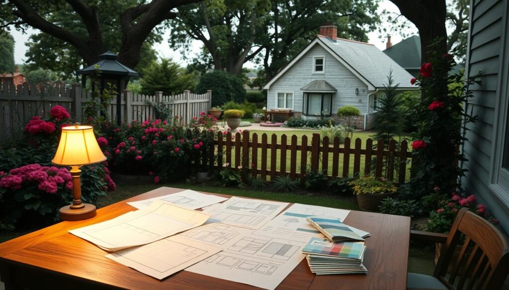 A cozy backyard scene with a homeowner meticulously planning a new garden fence. In the foreground, an oak table is covered in blueprints, sketches, and color swatches, illuminated by the warm glow of a table lamp. The middle ground showcases a lush garden in bloom, with flowering shrubs and towering trees framing the scene. In the background, the outline of a modest house can be seen, its weathered siding and quaint charm adding to the homely atmosphere. The lighting is soft and natural, casting gentle shadows and highlighting the textures of the materials. The overall mood is one of thoughtful consideration and anticipation, as the homeowner carefully plans the perfect garden fence to complement their cherished outdoor space.