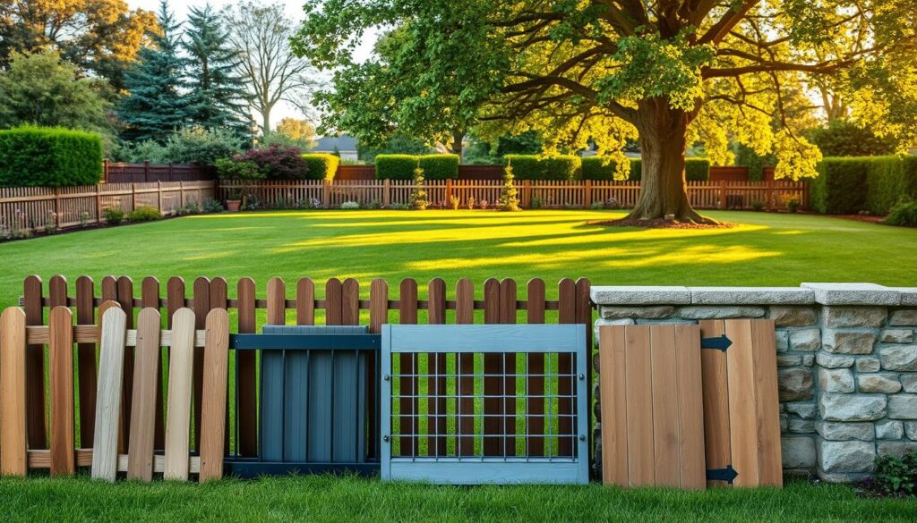 A lush garden setting with a variety of fencing materials showcased in the foreground. In the middle ground, different wooden, metal, and stone fence panels are displayed, allowing the viewer to compare their textures, colors, and styles. The background features a well-manicured lawn, mature trees, and a warm, golden hour lighting that casts soft shadows across the scene. The overall composition conveys a sense of tranquility and highlights the importance of selecting the right fencing material to complement the natural beauty of the garden.