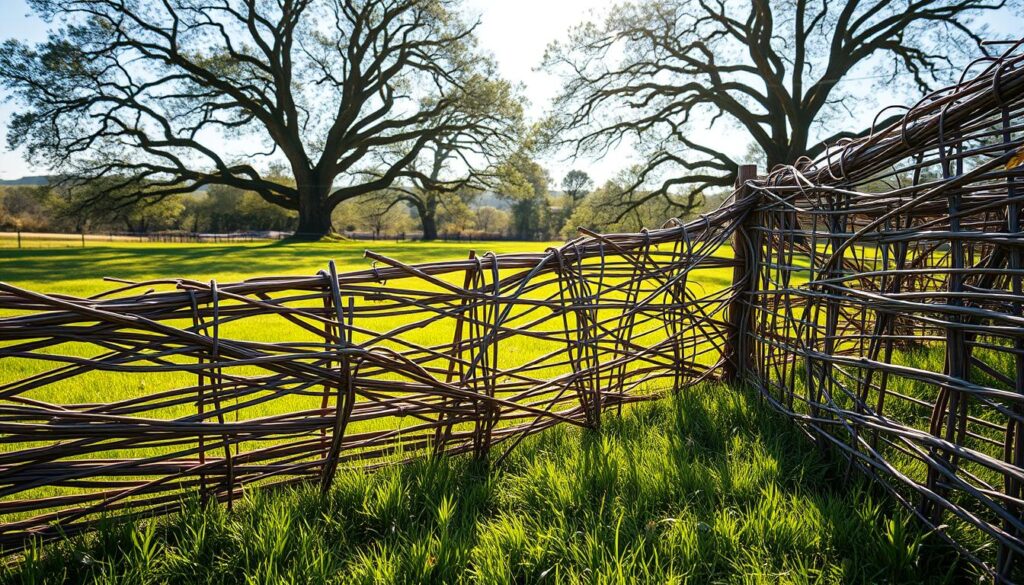 A lush, pastoral scene of a handwoven willow fence gracefully winding through a sun-dappled meadow. The intricate, organic lattice of slender willow branches casts delicate shadows on the verdant grass below. In the background, a row of towering oak trees sway gently in a soft breeze, their leaves casting a warm, golden glow. The fence flows seamlessly through the landscape, blending natural elements to create a visually striking and harmonious composition. Captured with a wide-angle lens to showcase the full scale and beauty of this rustic, eco-friendly fencing solution.