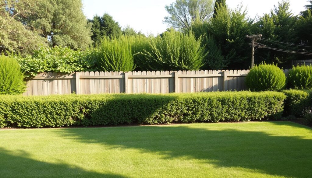A lush, well-manicured garden with a neatly trimmed hedge defining the property boundary. The hedge casts soft shadows across the verdant lawn, creating a sense of depth and dimension. In the middle ground, a sturdy, wooden fence panels the edge, its weathered planks and posts conveying a rustic, traditional aesthetic. Behind the fence, a row of mature trees and shrubs form a natural, privacy-enhancing barrier, their canopies gently swaying in a light breeze. The overall scene radiates a feeling of tranquility and harmony, reflecting the legal requirements for property enclosures and the considerations of neighboring boundaries.