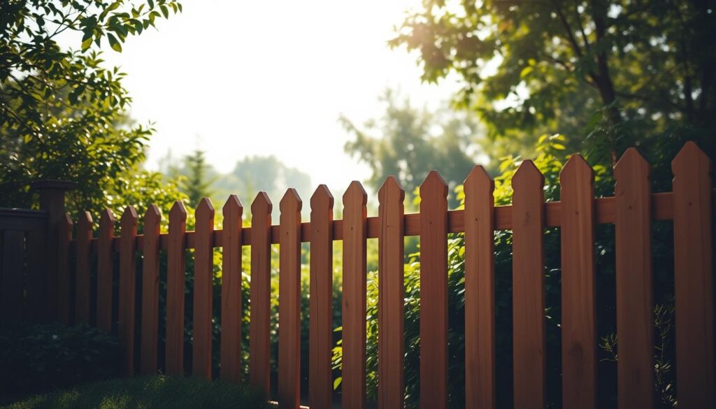 A picturesque garden fence standing at the property line, crafted from sturdy wooden planks in a warm, earthy tone. The fence stretches across the middle ground, seamlessly blending with the lush, verdant foliage of the surrounding garden. In the background, a hazy, sun-dappled sky creates a serene, tranquil atmosphere. The fence is well-maintained, with clean lines and a subtle, natural texture that suggests careful craftsmanship. The scene conveys a sense of privacy and boundary, while still allowing the beauty of the garden to shine through. Captured with a wide-angle lens and soft, diffused lighting, this image offers a realistic and visually appealing representation of a garden fence on the property line.