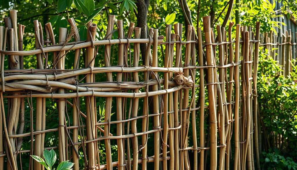 A rustic garden fence made from natural materials, showcasing the earthy textures and organic forms of woven willow, hazel branches, and bamboo poles. The fence is situated in a lush, verdant setting, with sunlight filtering through the foliage and casting warm shadows across the irregular surfaces. The composition emphasizes the harmony between the handcrafted structure and the surrounding nature, creating a serene and inviting atmosphere. Captured with a wide-angle lens to highlight the scale and materiality of the fence, the image exudes a sense of tactile authenticity and environmental sensitivity.