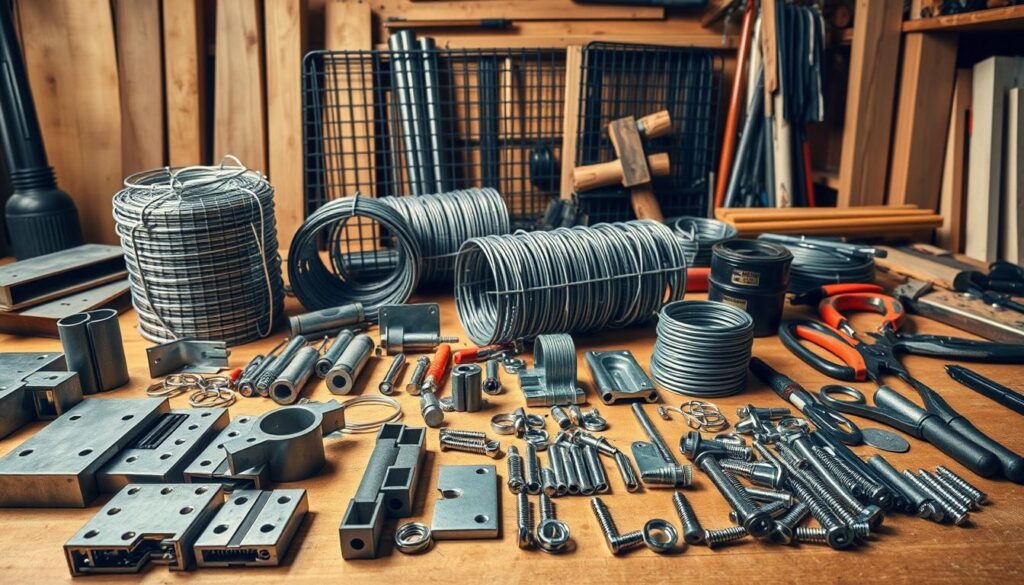A well-organized workbench showcasing an assortment of fencing accessories. In the foreground, an array of sturdy metal brackets, hinges, and fasteners in a variety of sizes, meticulously arranged. The middle ground features rolls of wire mesh, tension bands, and specialized tools like pliers and wire cutters, all neatly presented. In the background, wooden posts, panels, and other fencing components create a cohesive visual context. The lighting is warm and directional, casting subtle shadows that add depth and dimension to the scene. The overall composition conveys a sense of functionality, attention to detail, and a comprehensive understanding of the necessary components for a successful fencing project.