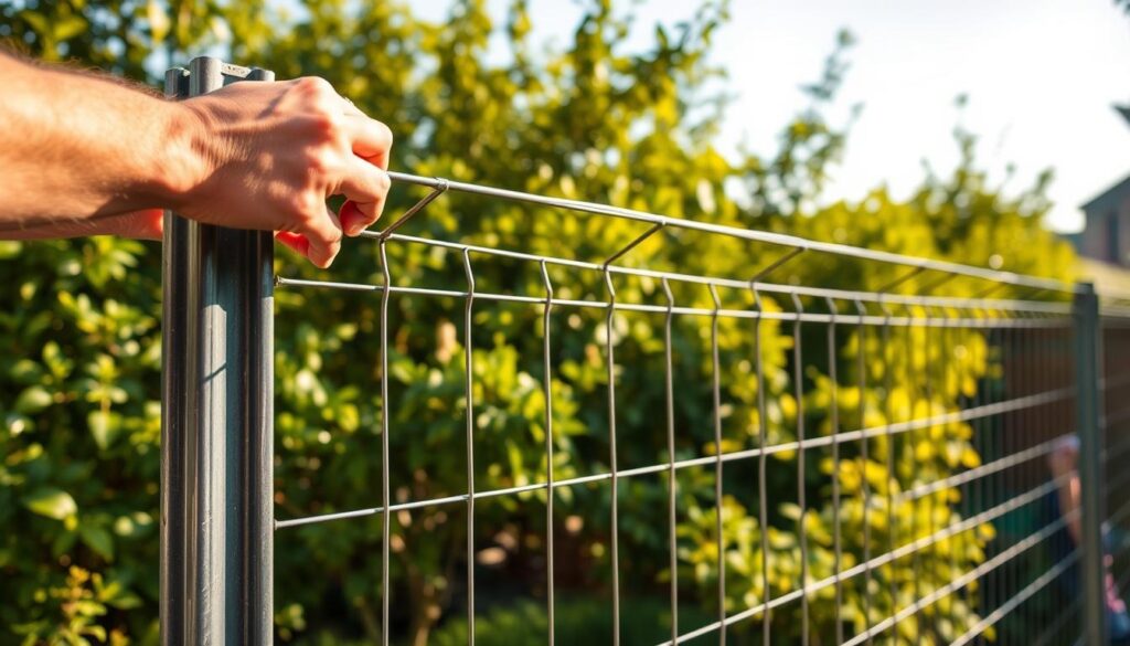 Outdoor scene of a person installing a sturdy metal wire mesh fence, or "Maschendrahtzaun", in a lush garden setting. The foreground depicts the worker's hands skillfully stretching and securing the fencing material to sturdy metal posts, their movements captured in a dynamic, step-by-step manner. The middle ground showcases the partially constructed fence, its geometric grid pattern contrasting with the verdant foliage in the background. Warm, natural lighting casts soft shadows, highlighting the textures of the materials and the worker's focused expression. The overall atmosphere conveys a sense of practical DIY accomplishment within a serene, backyard environment.