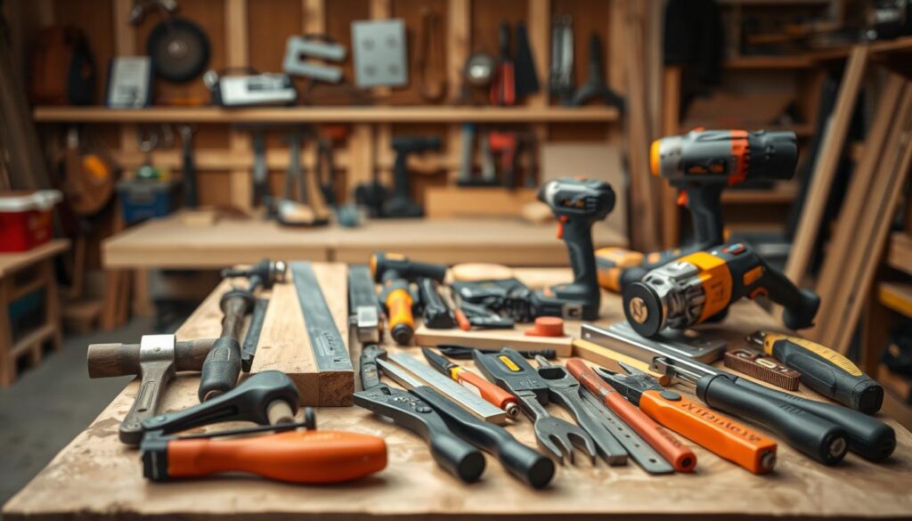 Professional tools for fence construction, including a variety of hand and power tools neatly arranged on a wooden workbench in a well-lit workshop. The scene conveys a sense of craftsmanship and attention to detail, with tools such as hammers, saws, drills, pliers, and measuring devices precisely positioned. The background is slightly blurred, keeping the focus on the tools and creating a clean, organized, and inviting atmosphere for the viewer to envision the process of building a high-quality fence.