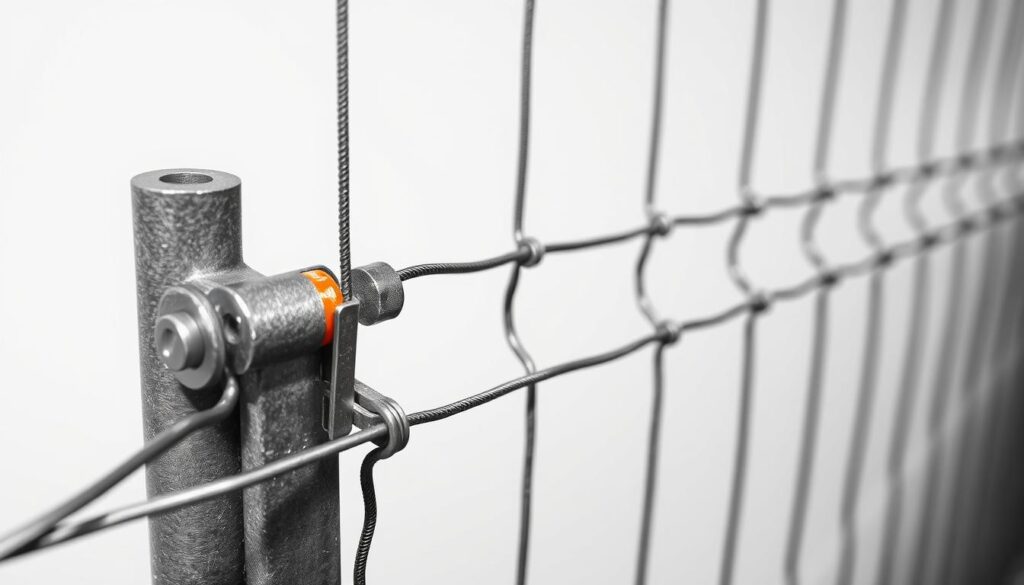 A detailed close-up view of a tensioning technique for a wire mesh fence, showcased against a plain background. The fence posts and wires are rendered in shades of graphite, with subtle pops of color highlighting the key tensioning components. The composition emphasizes the technical precision and mechanical nature of the fencing system, using a high-contrast, technical illustration-style aesthetic. Lighting is directional, creating sharp shadows and highlights to accentuate the structural details. The overall mood is one of functional simplicity and engineering excellence.
