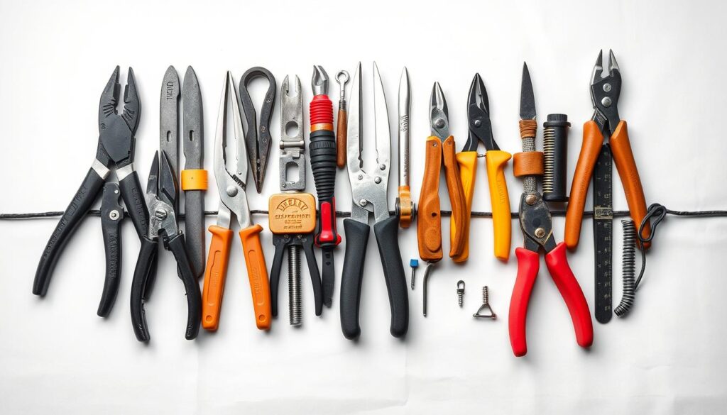A detailed collection of specialized tools for constructing and maintaining electric fences, arranged with precise attention to detail on a plain black and white background with selective pops of color. An array of pliers, wire cutters, tensioners, and other essential implements meticulously organized, conveying the technical expertise required for effective electric fence installation and upkeep. The composition highlights the craftsmanship and functionality of these specialized tools, creating a visually striking and informative illustration for the article's section on electric fence construction.