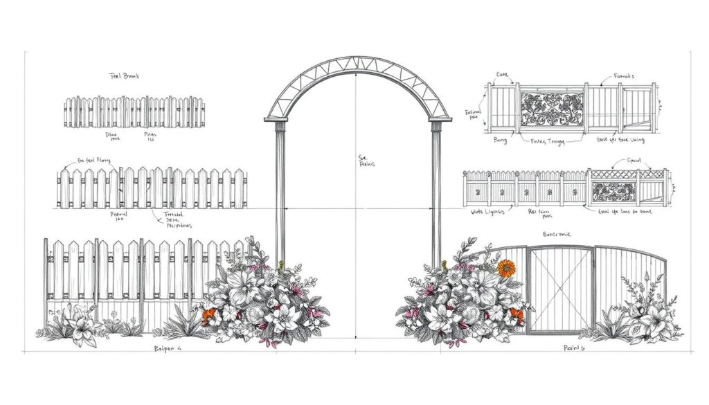 A detailed, hand-sketched blueprint of various fencing options for lush, blooming garden borders. A central steel trellis or lattice arch frames the scene, surrounded by a variety of fence types - from classic wooden pickets to modern metal panels, each with unique textural treatments and stylized floral accents. The layout is precisely measured, with technical annotations and material notes in a muted grayscale palette, punctuated by strategic pops of color in the botanical elements. Rendered with meticulous linework and soft shadows to convey depth, this technical illustration showcases the thoughtful design considerations for creating an enchanting, plant-filled perimeter.