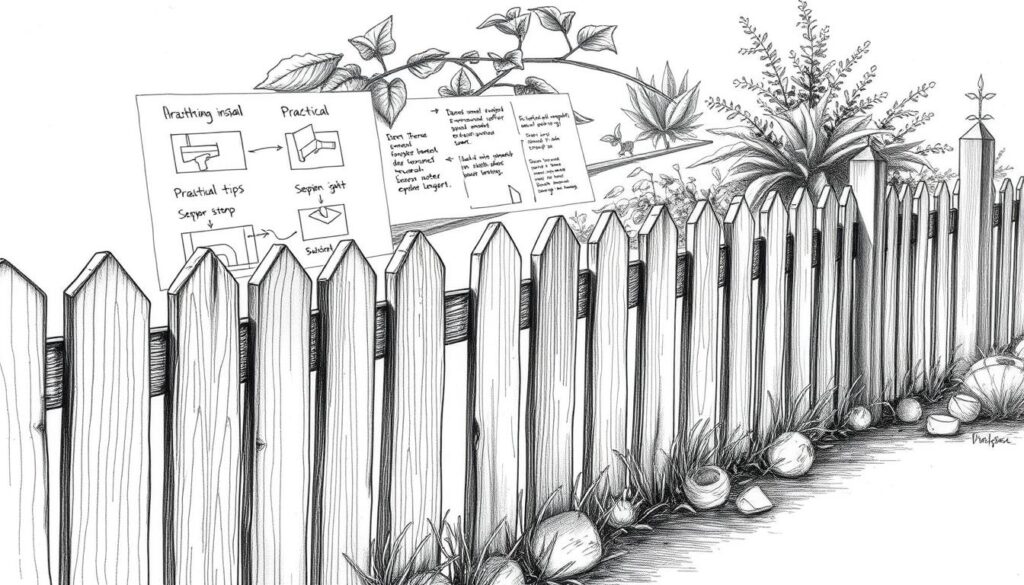 A detailed sketch of a fenced project, rendered in striking black and white with strategic pops of color. A weathered wooden fence in the foreground, its planks and posts meticulously depicted. Mid-ground showcases practical installation tips, illustrated through step-by-step diagrams and sketches. The background features a lush, verdant garden, hinting at the creative upcycling possibilities. Soft shadows and gentle highlights lend depth and dimensionality, drawing the viewer's eye through the serene, inspirational scene. A visually engaging, informative image to complement the "Praktische Tipps für Zaunprojekt" section of the "Kreative Upcycling-Zaunideen" article.