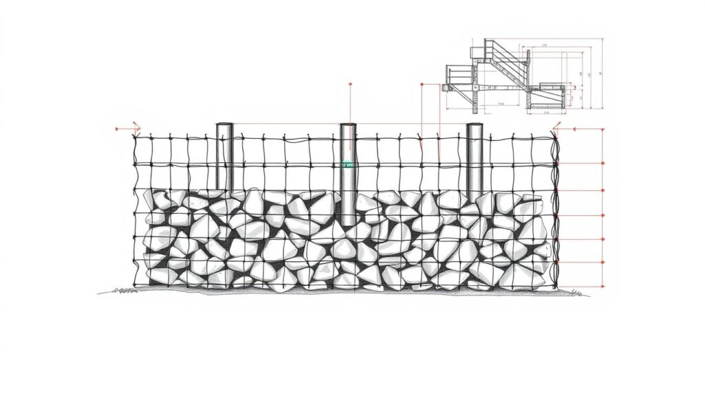 A detailed technical illustration of a gabion fence construction, showcasing the intricate design and key components. The foreground depicts the gabion units with their wire mesh exteriors and stone infill, accentuated by subtle pops of color. The middle ground reveals the underlying structural framework, including the metal posts and horizontal supports, rendered in crisp black and white. In the background, an architectural blueprint-style layout highlights the precise measurements and dimensional details, providing a comprehensive understanding of the gabion fence's technical specifications. The overall aesthetic combines technical precision with a minimalist, schematic presentation, using a muted color palette with targeted splashes of accent hues to draw the viewer's attention to the most salient features.