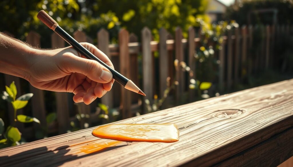 A hand carefully applying a protective wood treatment, the glossy liquid glistening against the weathered timber. Sunlight filters through a lush garden, casting warm shadows across the scene. In the background, a well-maintained wooden fence stands as a testament to the enduring nature of properly treated surfaces. The image conveys a sense of diligence and care, highlighting the importance of sustainable maintenance for lasting outdoor structures. The treatment is applied in deliberate strokes, with subtle pops of color - perhaps a vibrant green leaf or the rustic hue of the wood grain - cutting through the otherwise monochromatic palette.