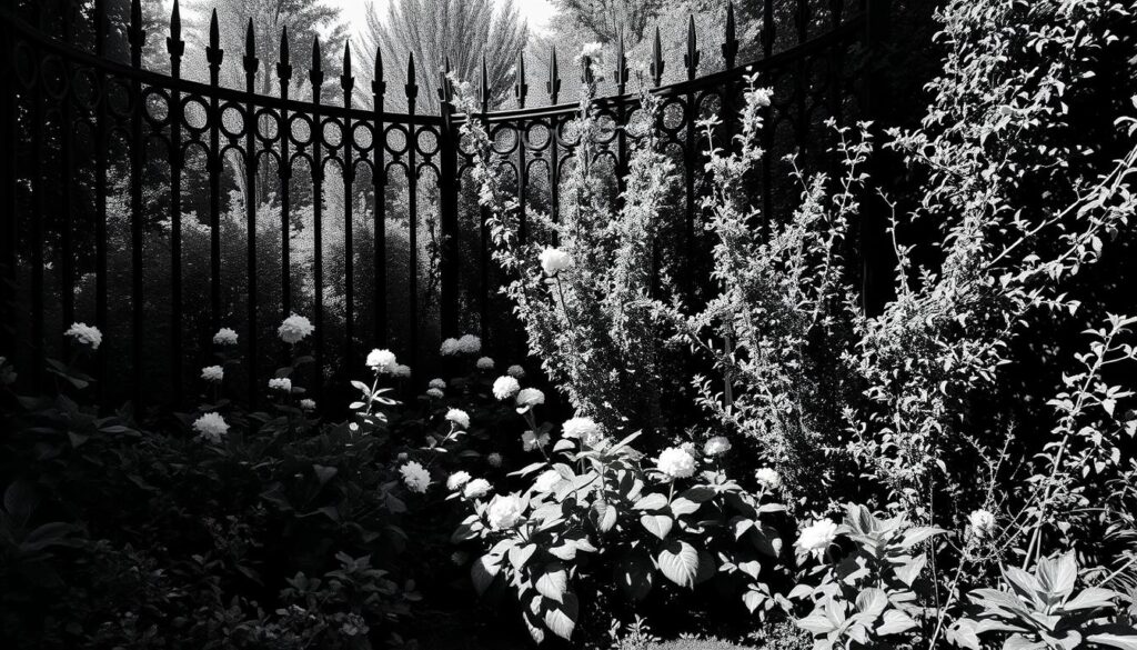 A lush, private garden with a mix of tall, ornate fencing and strategically placed greenery. The fencing casts dynamic shadows, creating a sense of depth and intrigue. The plants vary in texture and hue, from vibrant flowers to soft, trailing vines, all rendered in a striking black and white palette with subtle pops of color. The scene exudes a tranquil, contemplative atmosphere, inviting the viewer to imagine the unique spaces where such versatile garden screens could be utilized.