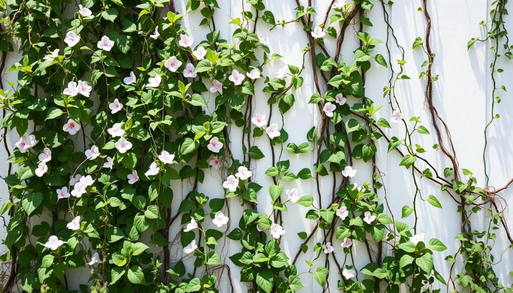 A lush selection of vibrant climbing plants, their vines and tendrils cascading against a crisp white backdrop. Delicate flowers in soft pastel hues punctuate the verdant foliage, creating a harmonious balance of textures and colors. Sunlight filters through, casting gentle shadows that accentuate the three-dimensional nature of the scene. The composition is well-balanced, with a focus on the foreground plants and a subtly blurred background, drawing the viewer's attention to the captivating beauty of these versatile and dynamic climbers. Rendered in a striking black and white palette with strategic pops of color, this image perfectly captures the essence of the "best plants for your blooming fence" section of the article.