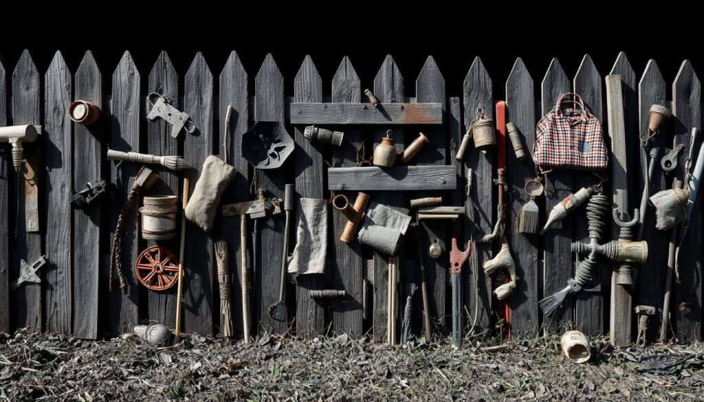 A meticulously arranged collection of upcycled materials in a muted black and white palette, punctuated by pops of color. Weathered wood, rusty metal, repurposed fabrics, and other salvaged items form the foundation of a captivating, eco-friendly fence. The composition showcases the diverse textures and creative potential of these reclaimed treasures, inviting the viewer to reimagine the possibilities of sustainable design. Dramatic lighting casts dramatic shadows, highlighting the unique character of each element. The overall scene conveys a sense of rustic charm and environmental consciousness, perfectly suited to illustrate the "Materialien für Ihren Upcycling Zaun" section of the "Kreative Upcycling-Zaunideen" article.