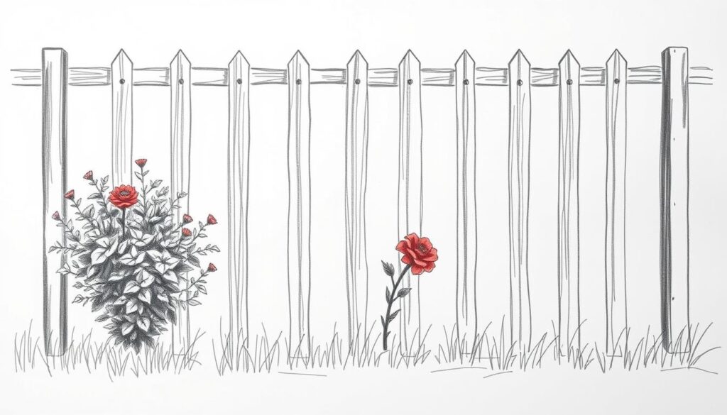 A meticulously sketched garden fence, its simple lines and minimalist design conveying an air of understated sophistication. Strategically placed bursts of vibrant color - a verdant shrub, a striking flower bloom - punctuate the monochrome landscape, drawing the eye inward. The fence itself, rendered in shades of graphite, stands as a testament to the beauty of function, its sturdy posts and neatly spaced slats suggesting a cost-effective yet aesthetically pleasing solution. Soft, diffused lighting casts gentle shadows, emphasizing the structure's clean geometric forms. This image embodies the essence of savvy gardening - maximizing visual impact while prioritizing practical, budget-friendly considerations.