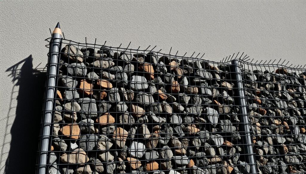 A rugged gabion fence stands tall, its wire mesh cradling an array of natural stones. The sturdy construction casts dramatic shadows, creating a striking interplay of light and dark. The scene is rendered in a muted palette of graphite and charcoal, with selective pops of earthy ochre and sienna hues accenting the textural details. A sense of solidity and permanence emanates from the image, conveying the inherent stability and durability of the gabion wall design. The camera angle emphasizes the towering presence of the fence, highlighting its ability to provide secure, long-lasting separation and protection. This visual effectively illustrates the key advantages of a gabion fence - its robust construction, natural aesthetic, and enduring strength.