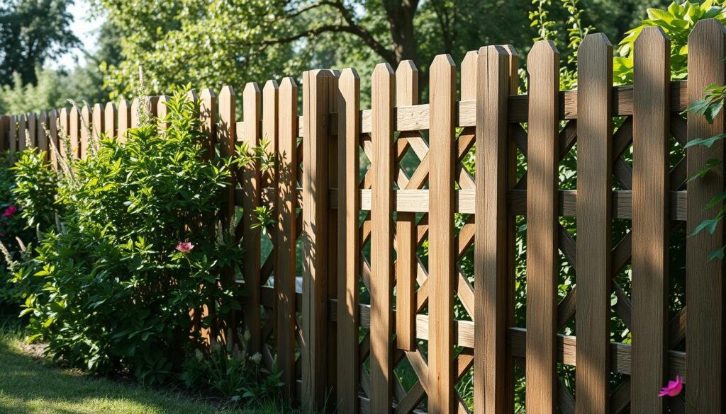 A verdant garden scene, a focal point of a sturdy yet stylish wooden fence, its natural grain and weathered texture juxtaposed against the lush greenery. Soft shadows and gentle highlights create a sense of depth, drawing the eye through the composition. The fence's design elegantly balances functionality and aesthetic appeal, its intricate lattice pattern casting playful shadows on the ground. Carefully curated pops of color, perhaps a vibrant flower or two, add visual interest without distracting from the fence's central role. The overall mood is one of tranquility and balance, inviting the viewer to consider the perfect price-to-performance ratio of this versatile garden feature.