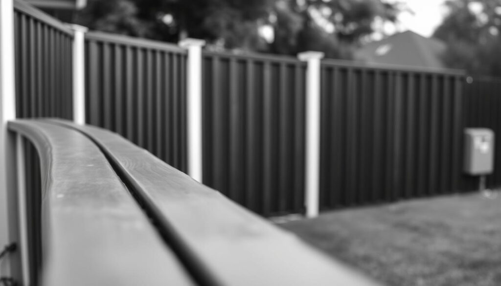 A well-maintained and visually appealing privacy fence, its sturdy wooden slats stretching across the foreground in a sleek black-and-white palette. Careful attention to detail is evident, with subtle pops of color highlighting select accents. The middle ground showcases the fence's seamless integration into the surrounding landscape, blending harmoniously. In the background, a tranquil scene unfolds, hinting at the privacy and serenity the fence provides. Soft, diffused lighting casts a contemplative mood, emphasizing the importance of thoughtful care and upkeep to preserve the fence's aesthetic appeal over time.