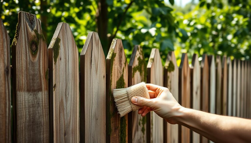 A well-weathered wooden garden fence, its natural wood tones accented with subtle hints of color. In the foreground, a gardener's hands gently scrubbing the surface with a natural fiber brush, removing dirt and moss with patient strokes. The background reveals a lush, verdant garden, its greenery providing a serene backdrop. Dappled sunlight filters through the leaves, casting soft shadows and highlights across the fence's textured surface. The scene is captured in a muted, monochrome palette, with selective pops of color drawing the eye to the fence's natural materials and the gardener's sustainable maintenance approach.
