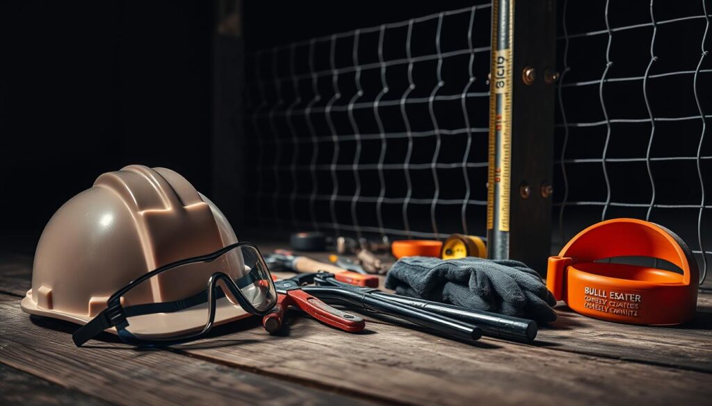 A worksite scene featuring various safety equipment used in fence construction. In the foreground, a hard hat, safety goggles, and work gloves lie on a wooden surface, cast in a moody chiaroscuro lighting. In the middle ground, a set of pliers, wire cutters, and a measuring tape are arranged, with subtle hints of color in the metal surfaces. In the background, a sturdy metal fence post stands, surrounded by a shadowy, industrial-style environment, creating a sense of depth and context for the scene. The overall mood is one of utilitarian practicality, emphasizing the importance of proper safety gear in the physically demanding work of fence building.